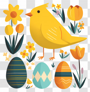 Easter Background - Yellow Bird With Flowers And Easter Eggs Transparent PNG
