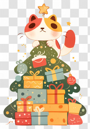 Christmas Cat - Cat On Christmas Tree With Gifts Transparent PNG