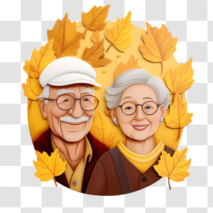 Grandparents Day - Elderly Couple Portrait With Autumn Leaves Transparent PNG