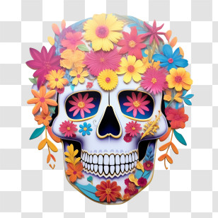 Suger Skull - Day Of The Dead Skull With Vibrant Flowers Transparent PNG