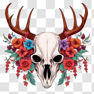 Deer Skull - Deer Skull With Antlers And Floral Design Illustration Transparent PNG