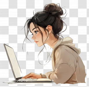 Girl With Computer - Focused Girl Working On Laptop Transparent PNG