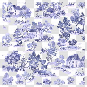 House Pattern - Blue Toile Pattern With Scenic Views Transparent PNG