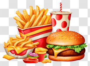 Fast Food - Juicy Burger With Crispy Fries And Soda Transparent PNG
