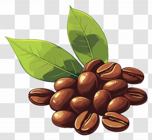 Coffee Beans - Illustration Of Coffee Beans With Green Leaves Transparent PNG