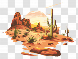 Desert - Desert Landscape With Cacti And Sunset Transparent PNG