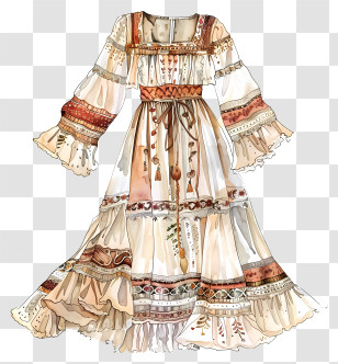 Boho - Illustrated Bohemian Style Dress With Elegant Patterns Transparent PNG