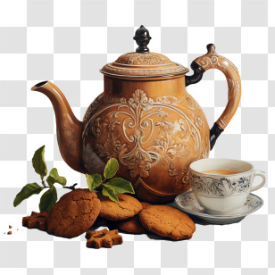 Gingersnaps
 - Ornate Ceramic Teapot With Cookies And Teacup Transparent PNG