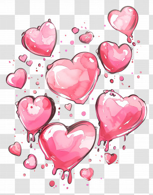 Floating Pink Hearts - Pink Dripping Hearts In Watercolor Style Transparent PNG