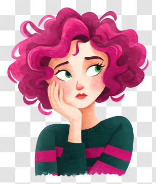 Woman Thinking - Pensive Pink-haired Girl Portrait Transparent PNG