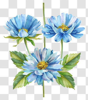 Watercolor Painting - Blue Flowers With Leaves Transparent PNG