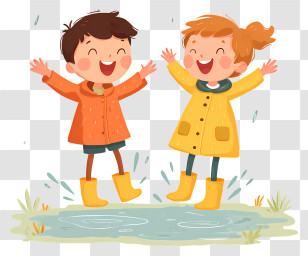 Children Playing In Puddles - Kids Enjoying Rainy Day In Colorful Coats Transparent PNG