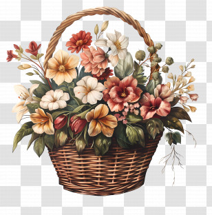 May Day - Natural Wicker Basket With Beautiful Floral Arrangement Transparent PNG