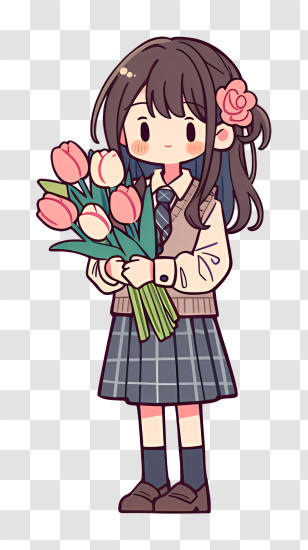 Schoolgirl Holding Tulip Bouquet Transparent PNG
