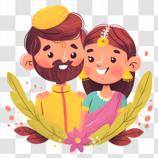 Indian Couple - Traditional Couple Cartoon Illustration Transparent PNG
