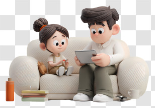 Father And Daughter On Couch With Tablet Transparent PNG