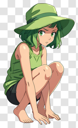 Green-haired Anime Girl Crouching Transparent PNG