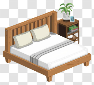 Cartoon - Wooden Bed With Side Table And Pillows Transparent PNG