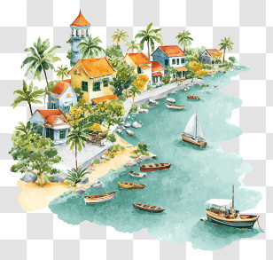 Phu Quoc - Watercolor Coastal Village Scene Transparent PNG