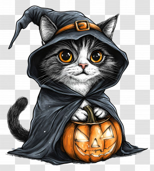 Cat Halloween - Adorable Witch Cat With A Pumpkin Transparent PNG